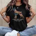 Black t-shirt with a dog silhouette filled with American flag and fireworks.