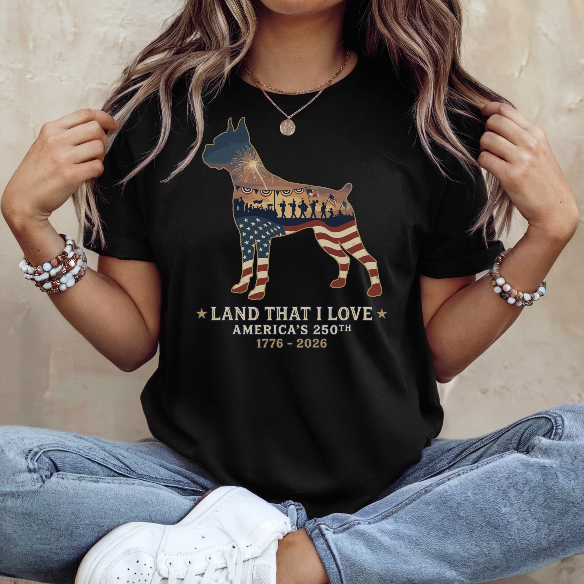 Black t-shirt with a dog silhouette filled with American flag and fireworks.