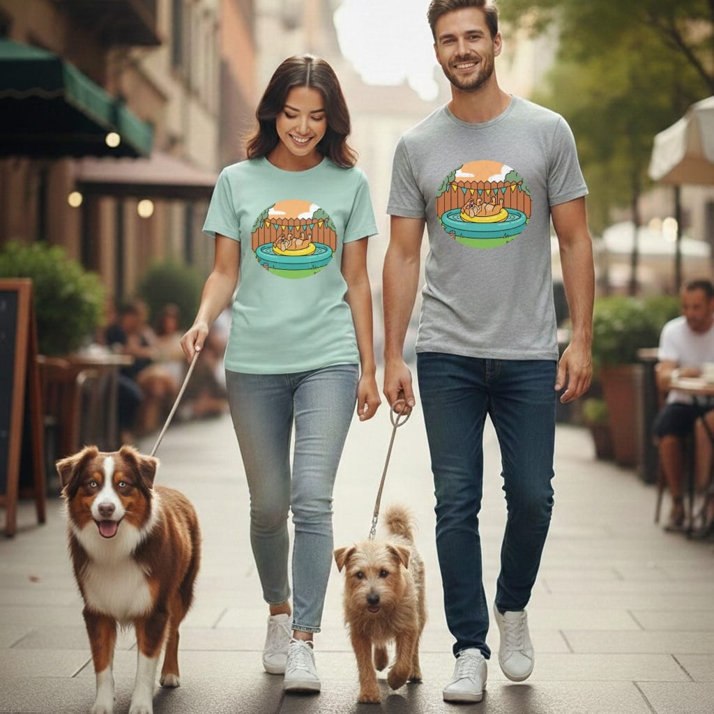 Couple walking dogs on a leash down a sunny street.