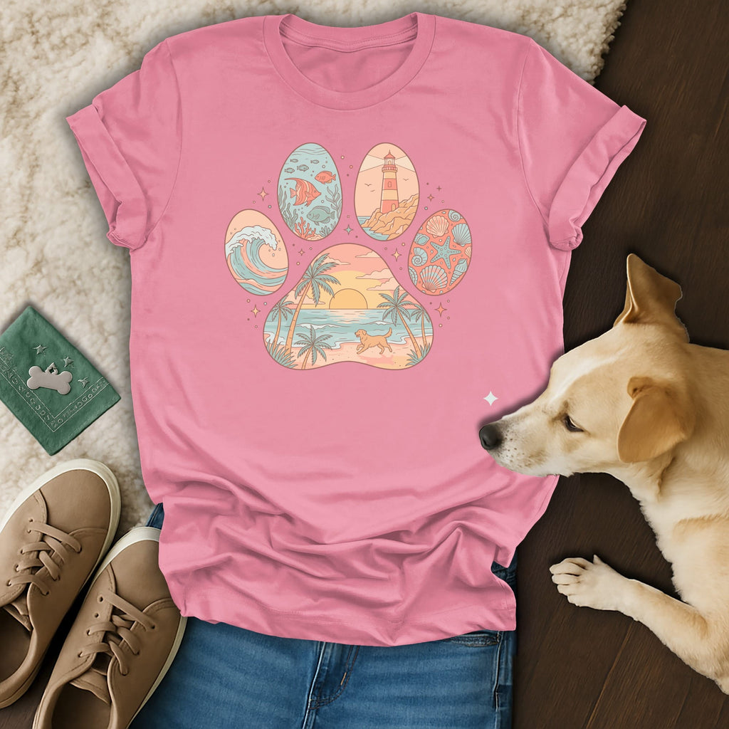 Pink t-shirt featuring a paw print with beach scenes inside each toe and the palm.
