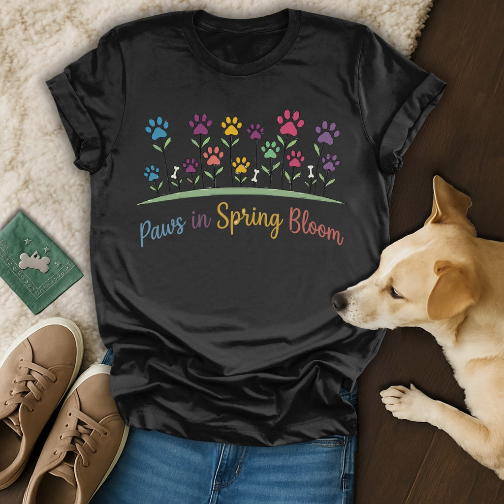 Black t-shirt with colorful paw print flowers and "Paws in Spring Bloom" text.