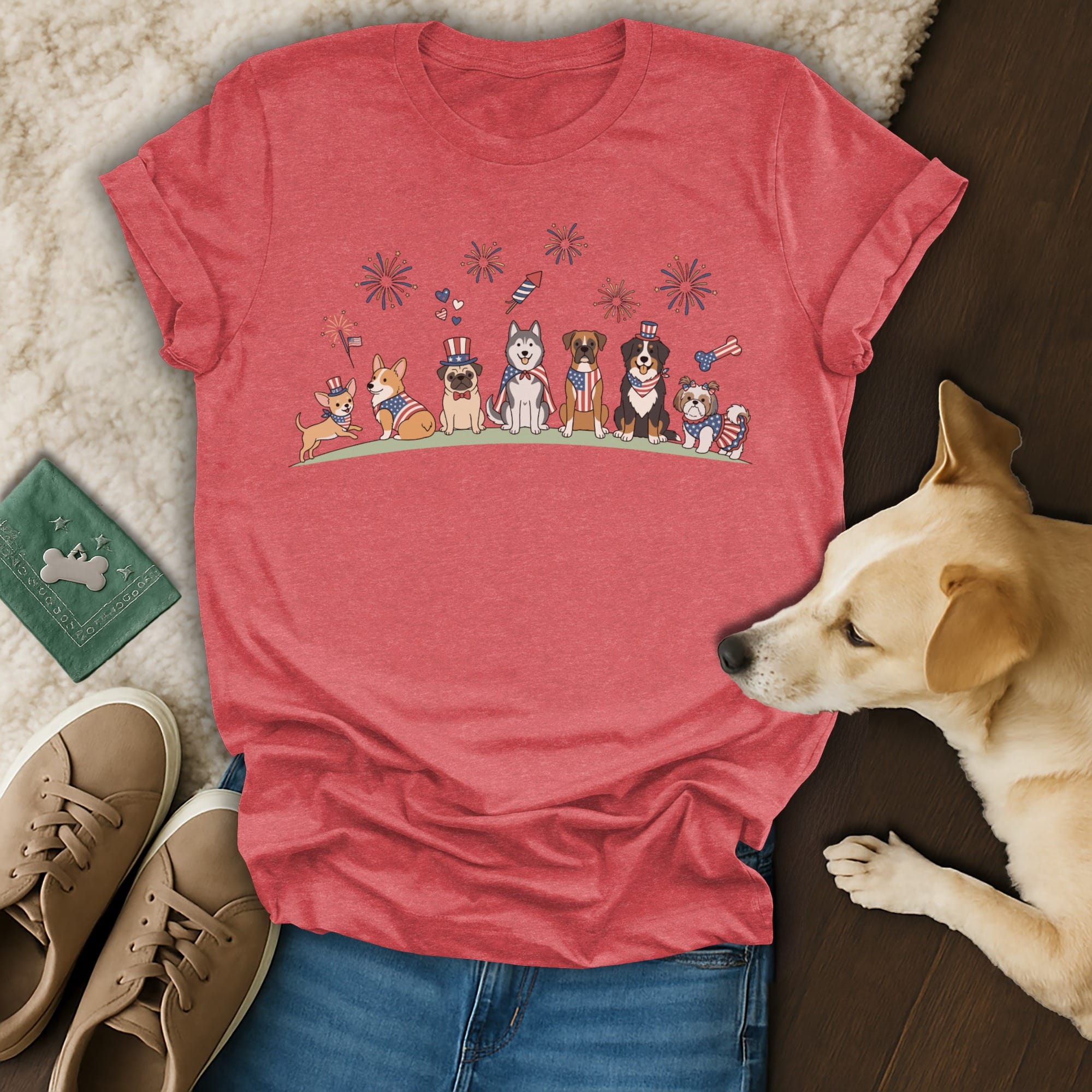 T-shirt with cartoon dogs wearing patriotic accessories and fireworks.