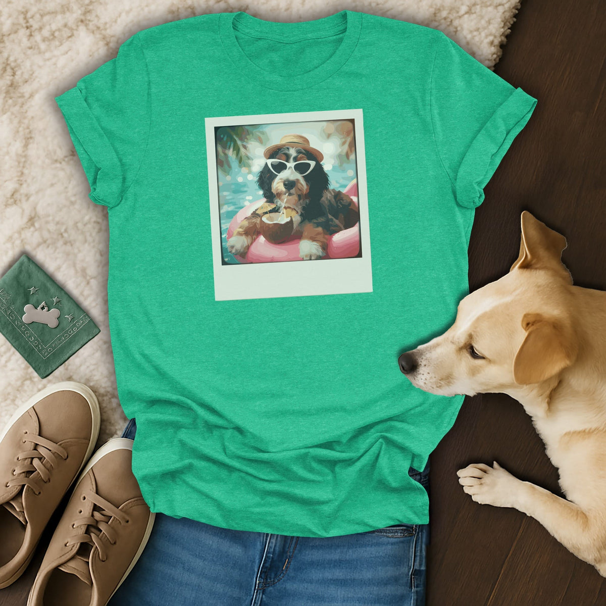 Green t-shirt with polaroid print of a dog wearing sunglasses and hat, drinking from coconut