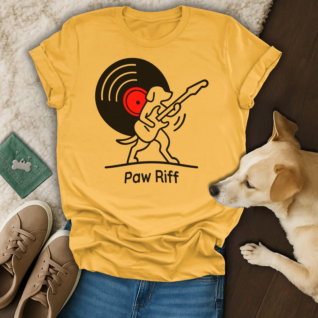 Yellow t-shirt with "Paw Riff" and cartoon dog playing guitar on vinyl record.