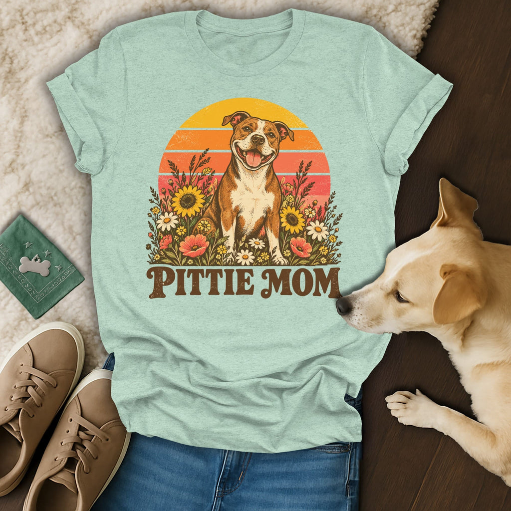Light green t-shirt with a vintage-style graphic of a pit bull surrounded by flowers, reading Pittie Mom.
