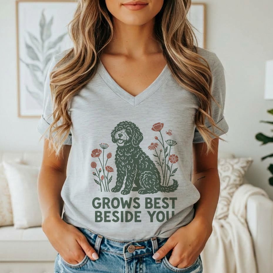 A woman wearing a gray v-neck t-shirt featuring a green doodle dog and red flowers with the text GROWS BEST BESIDE YOU.