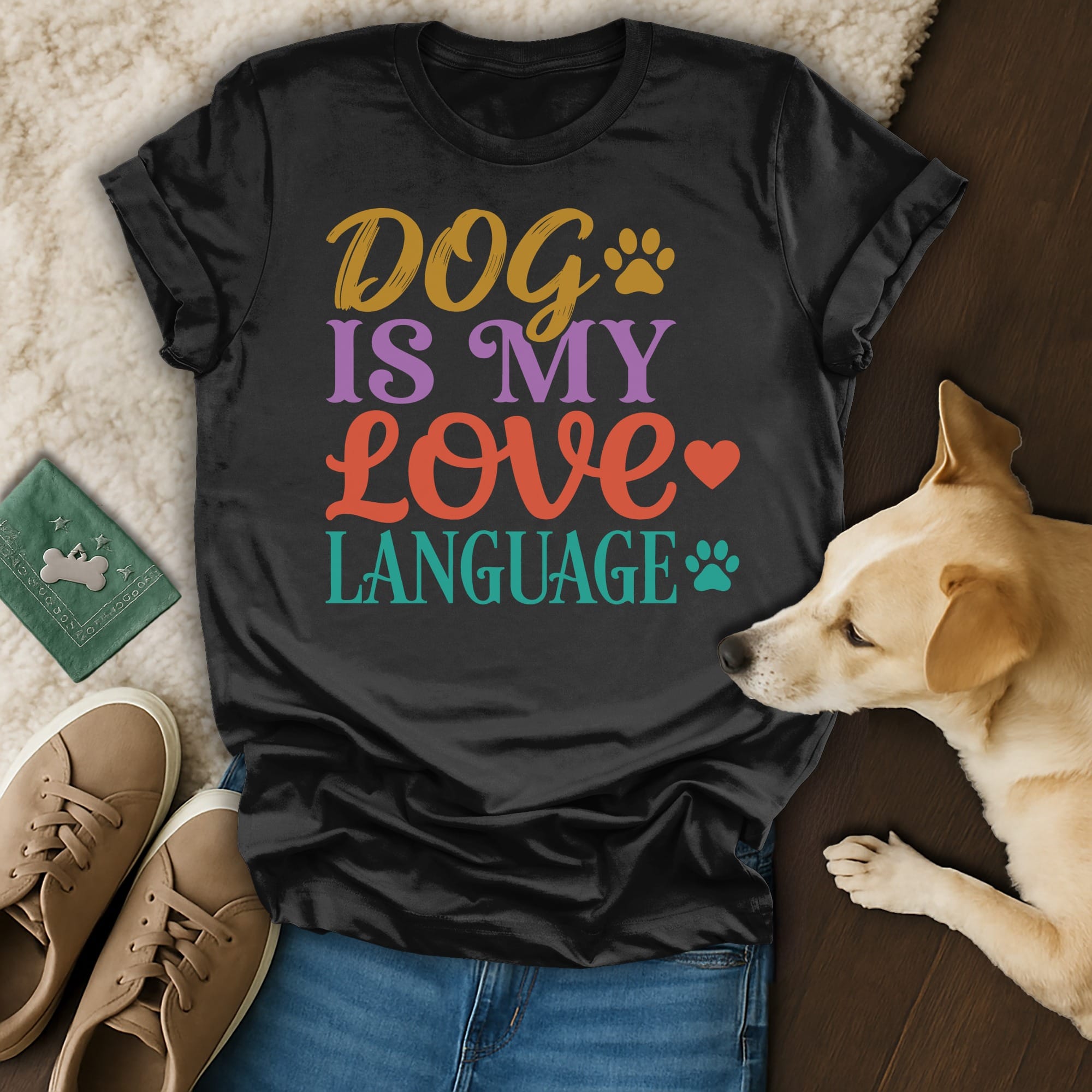Black t-shirt with "Dog is my love language" text in colorful letters.