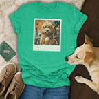 T-shirt with a dog wearing glasses, scarf, and a whipped cream drink.