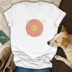 White V-neck t-shirt featuring a pink record graphic with the text Love on Repeat.