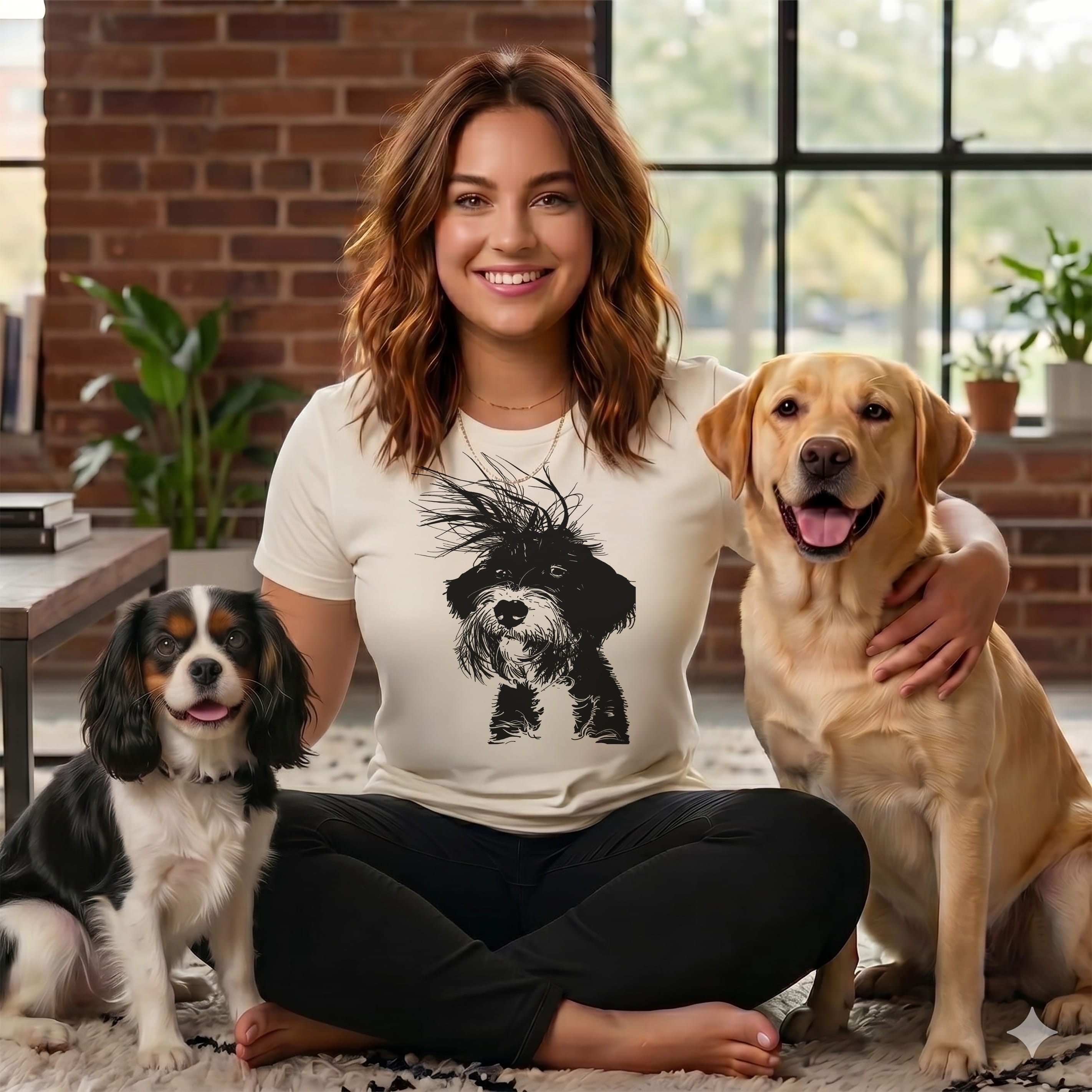 Woman with two dogs, a Cavalier King Charles Spaniel and a Labrador.