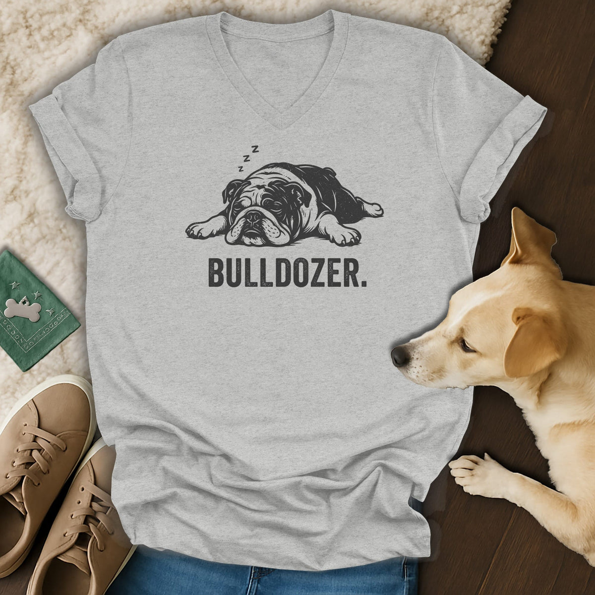 Light grey t-shirt with sleeping bulldog graphic and "BULLDOZER." text.