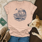 Golden retriever on surfboard, riding a wave, blue ink sketch on peach t-shirt.