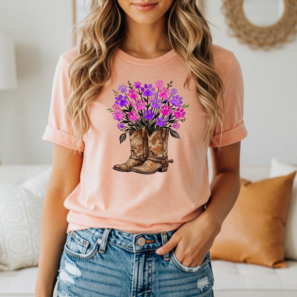 Peach t-shirt with brown cowboy boots and pink and purple paw print flowers.