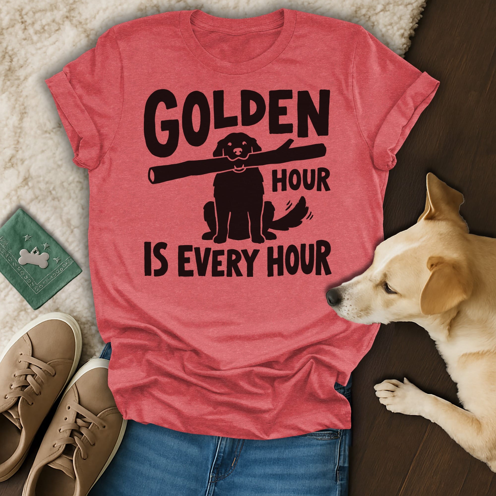 T-shirt with "Golden Hour Is Every Hour" and a dog holding a stick.