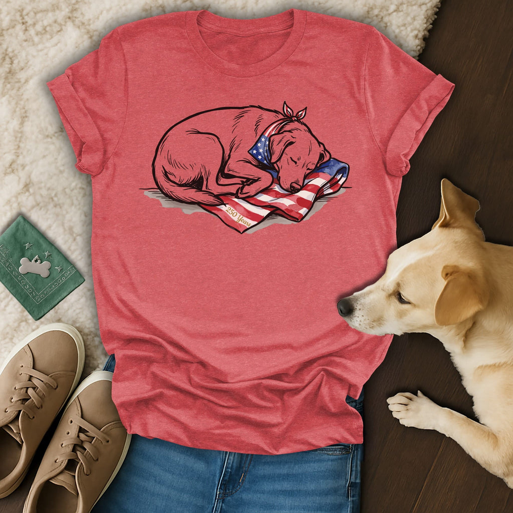 Red t-shirt with a dog sleeping on an American flag.