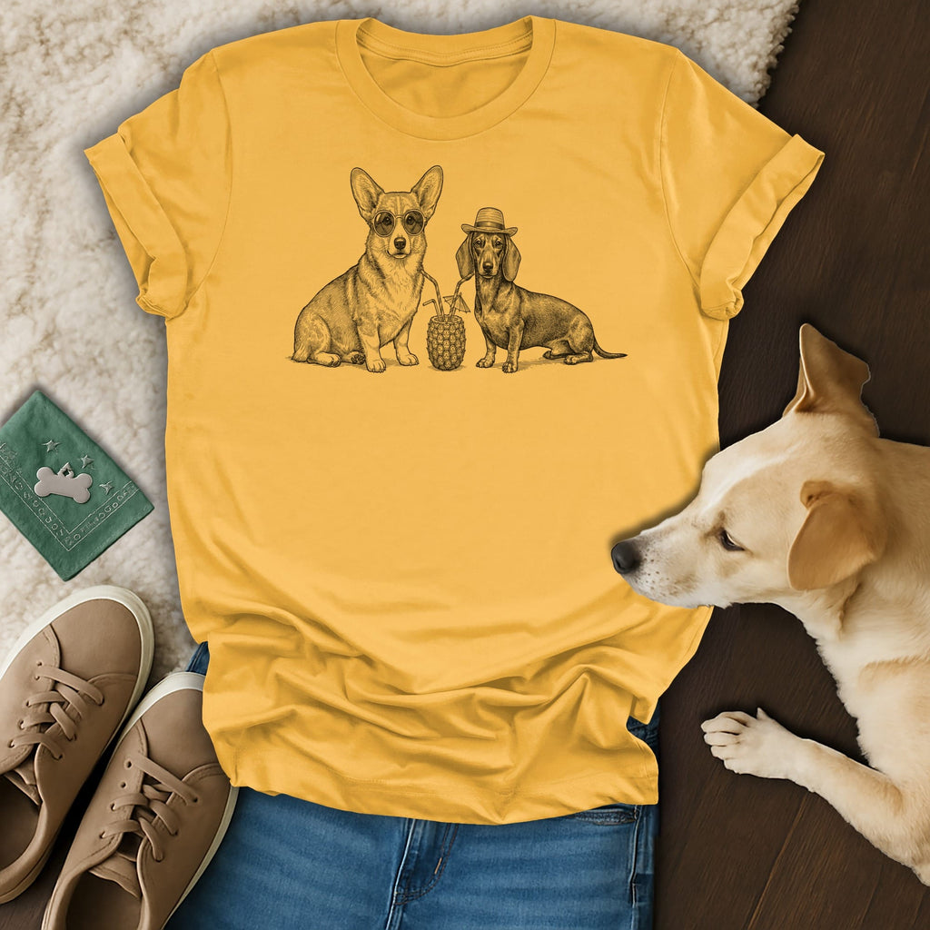 Corgi and dachshund wearing hats with pineapple drinks.