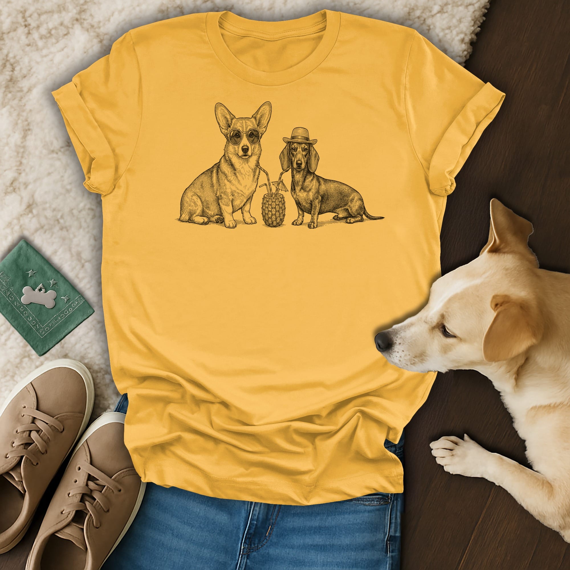 Corgi and dachshund wearing hats with pineapple drinks.