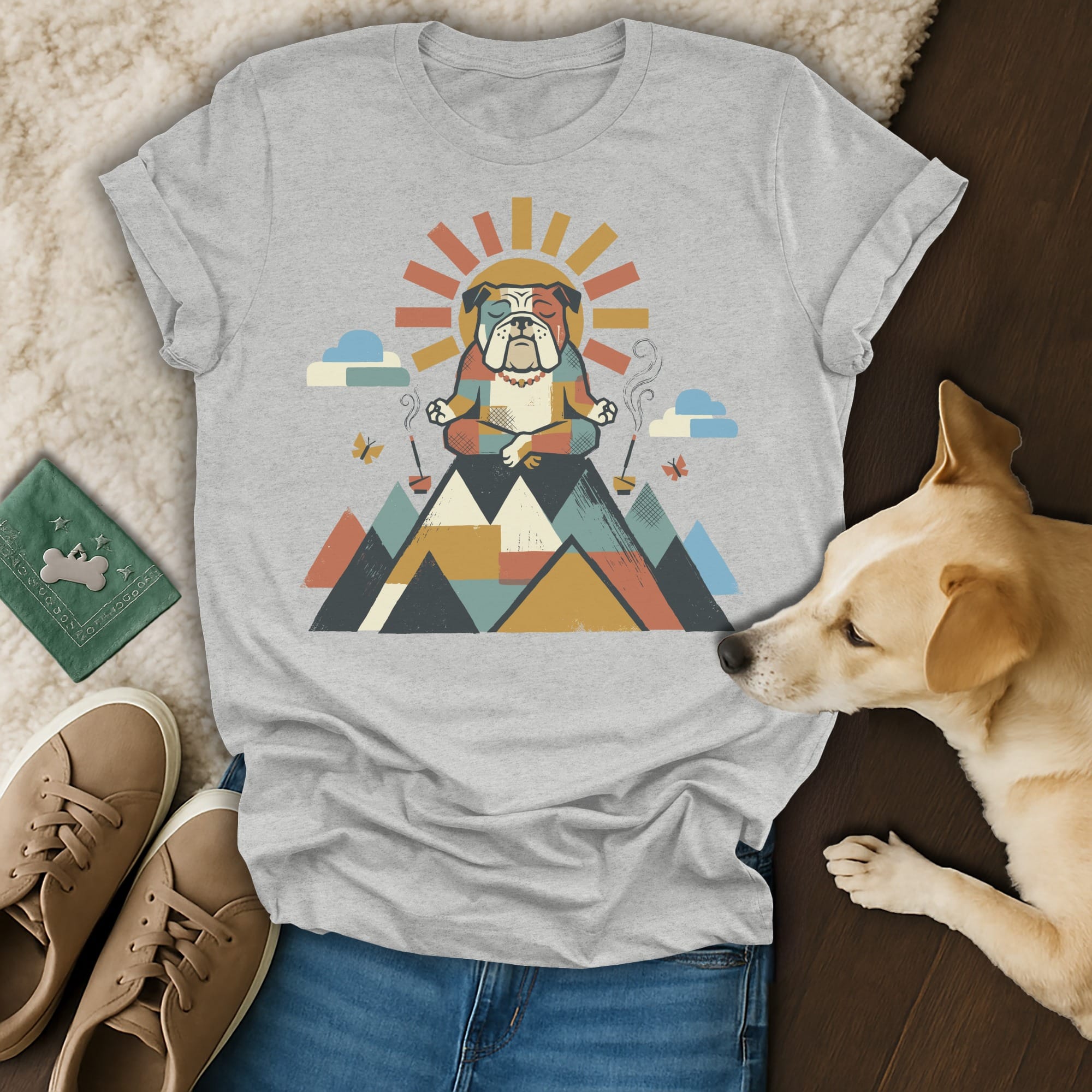 Bulldog meditating on mountain peak with sun and clouds, t-shirt design.