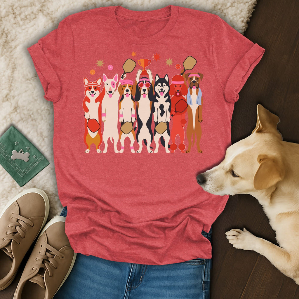 T-shirt displaying cartoon dogs playing pickleball and holding a trophy.