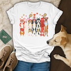 T-shirt graphic featuring cartoon dogs playing pickleball and holding a trophy.