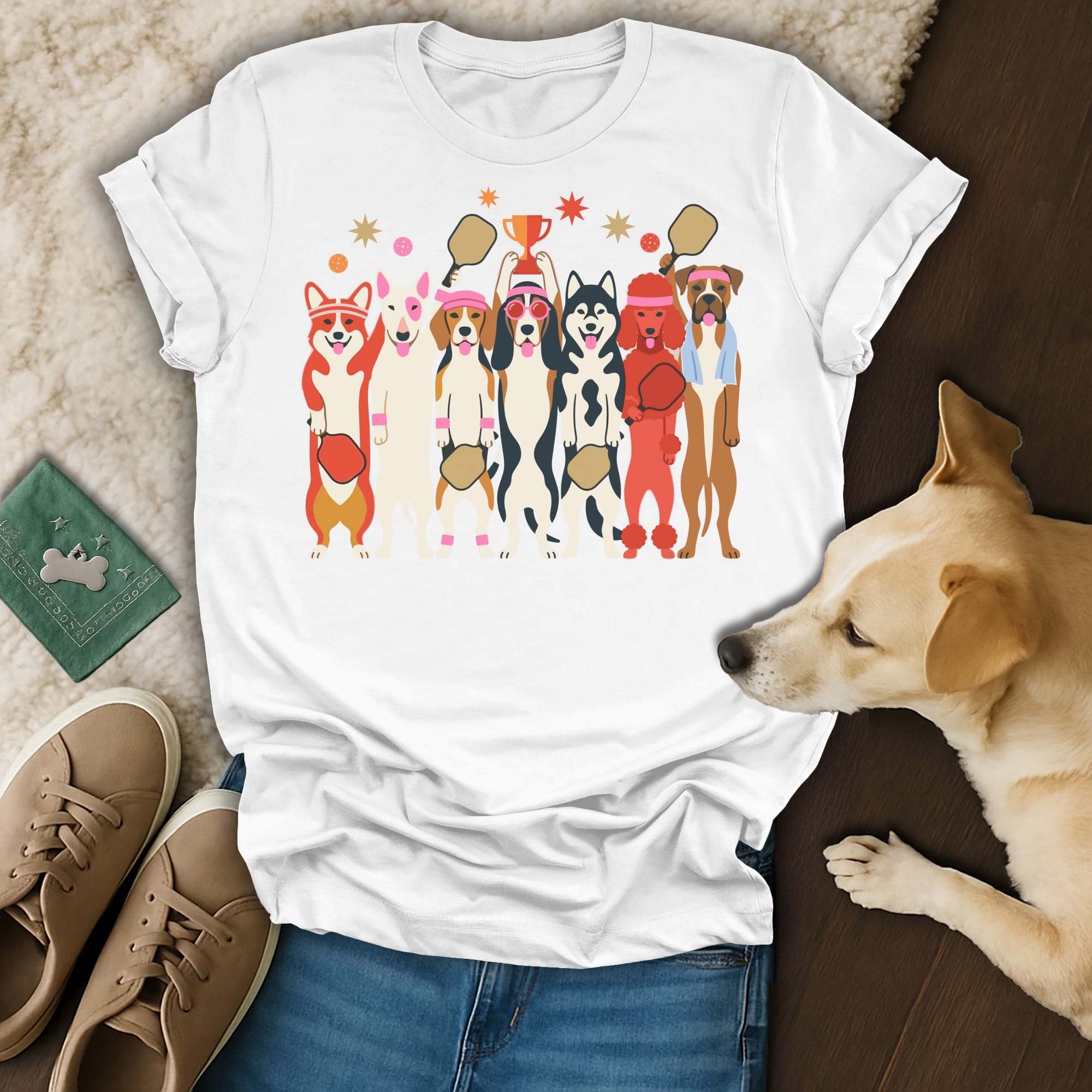 T-shirt graphic featuring cartoon dogs playing pickleball and holding a trophy.