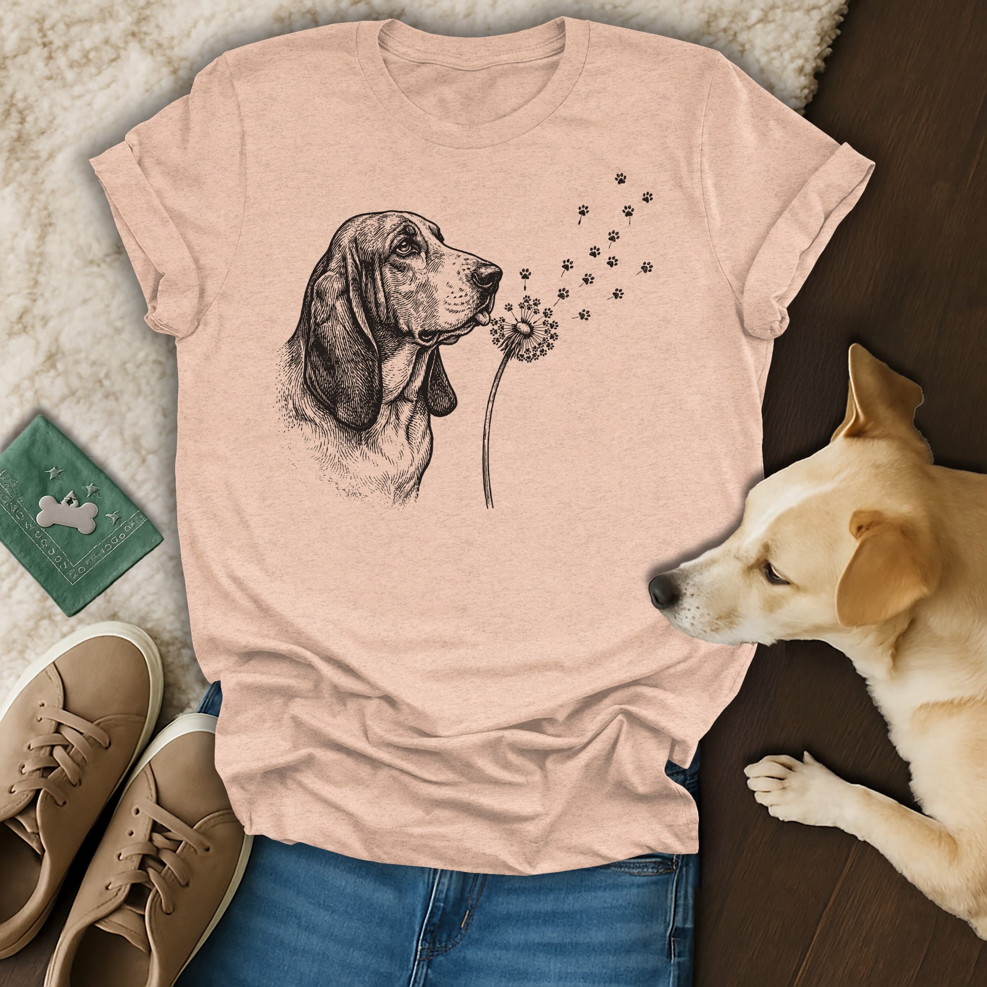 Basset hound blowing dandelion seeds with paw prints.