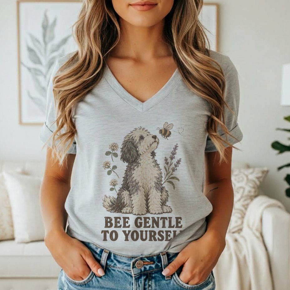 A person wearing a grey V-neck t-shirt featuring a graphic of a dog looking at a bee with the text BEE GENTLE TO YOURSELF.