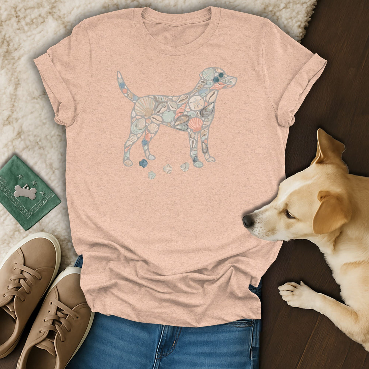 Peach t-shirt with a dog outline filled with seashells and small shells on the ground.