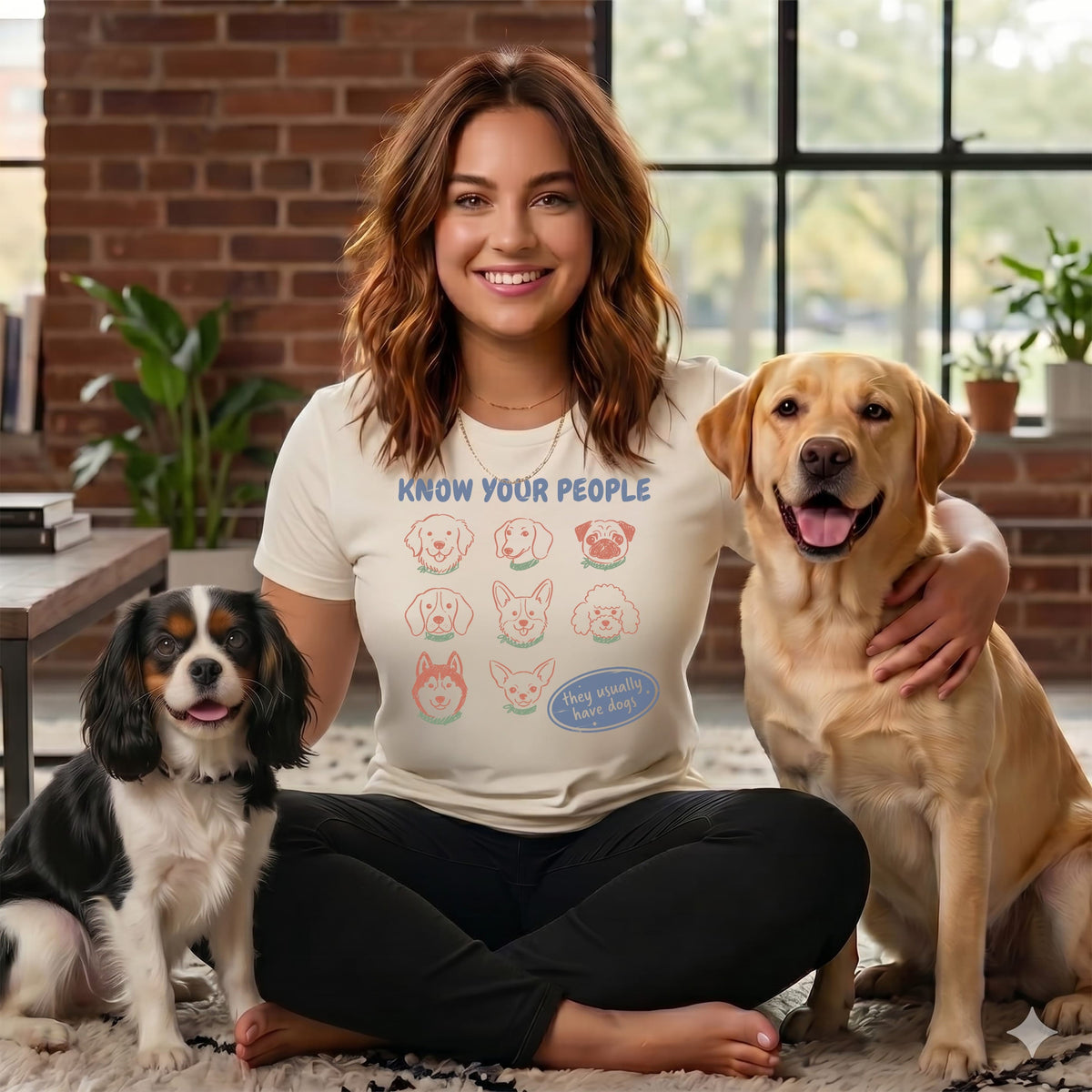 Woman with two dogs, wearing a t-shirt with dog faces and text "Know Your People".