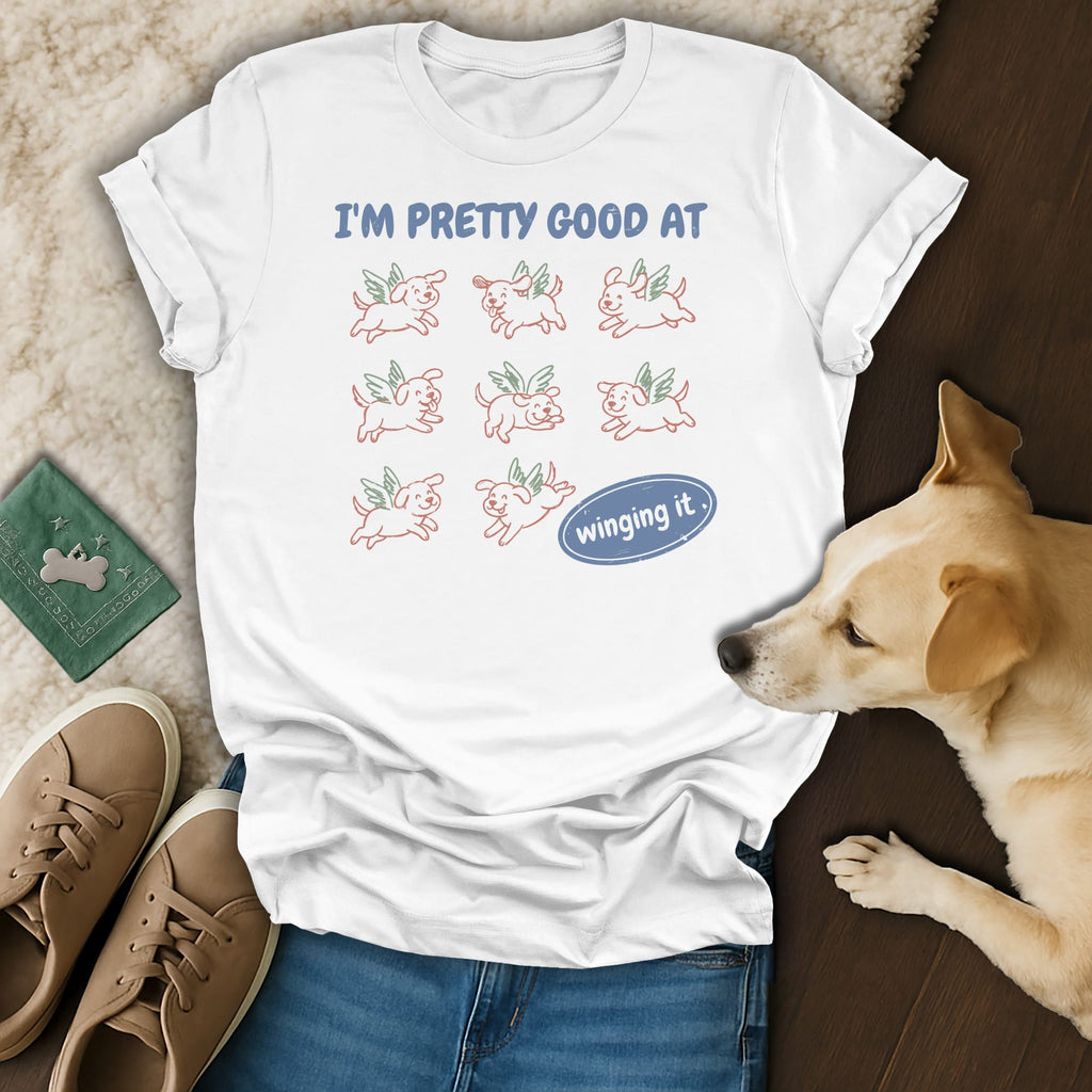 White t-shirt with "I'M PRETTY GOOD AT winging it" text and cartoon dogs with wings.