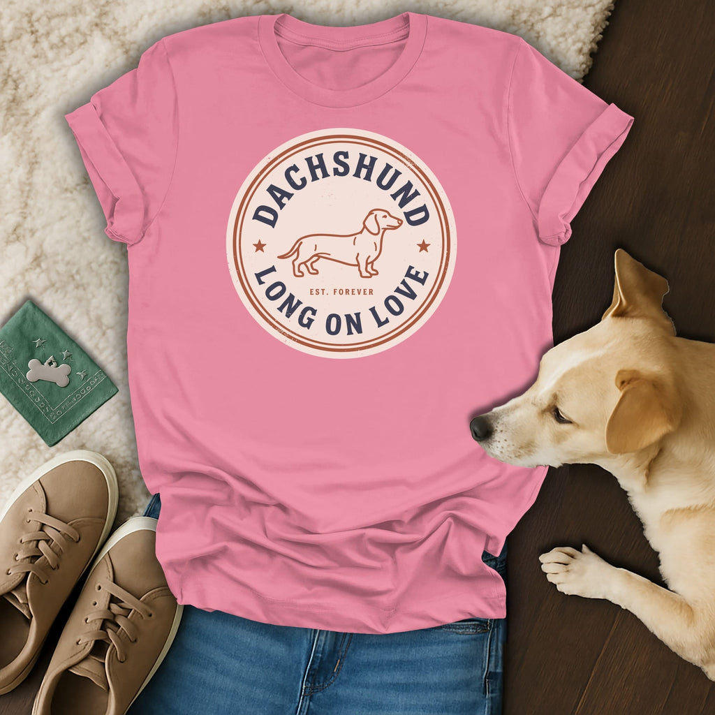 Pink t-shirt with "Dachshund Long On Love" graphic and a dachshund silhouette.
