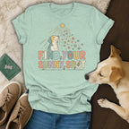 Light blue t-shirt with dog, sun, and "Find Your Sunny Spot" text.