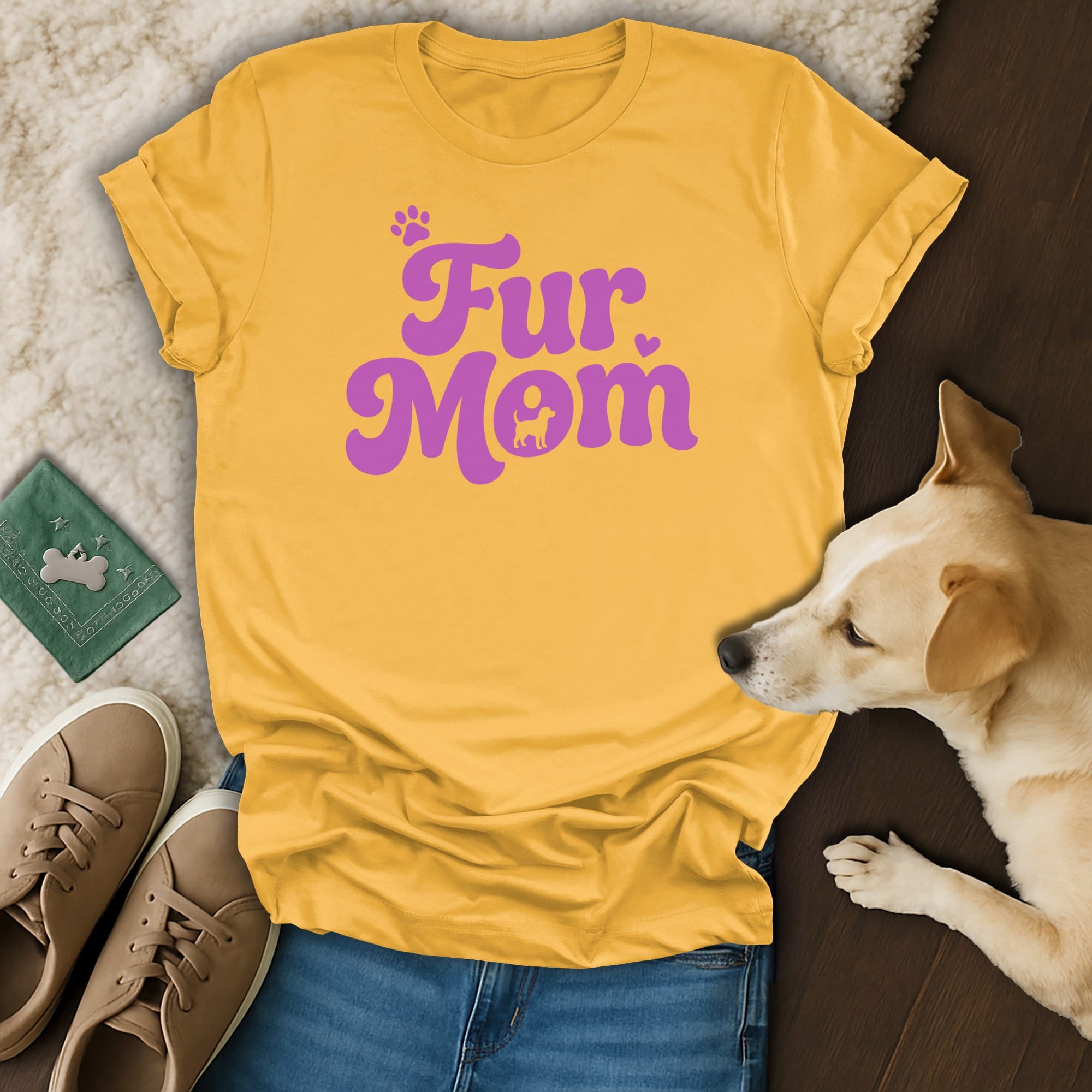 Yellow t-shirt with "Fur Mom" and paw print design.