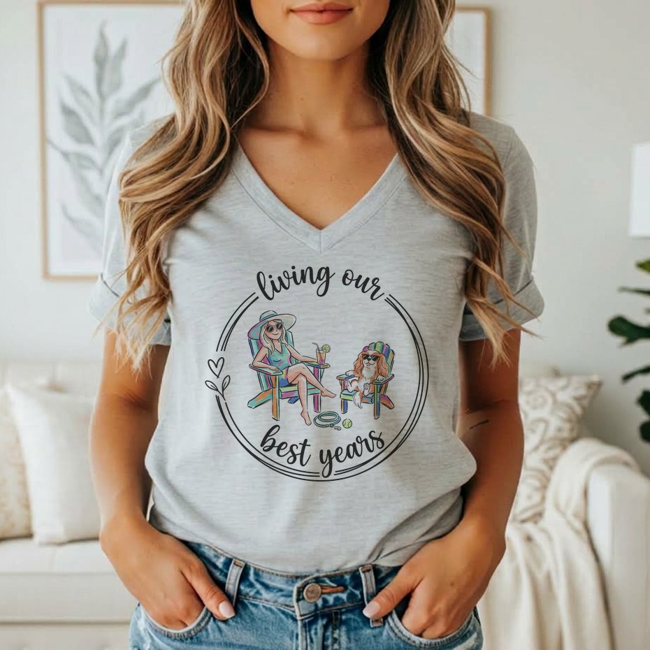 Graphic of a woman and dog relaxing in beach chairs with text "living our best years".