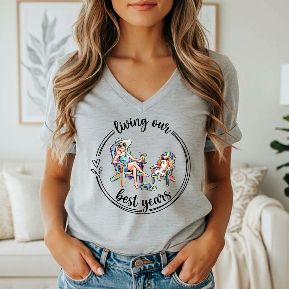 Graphic of a woman and dog relaxing in beach chairs with text "living our best years".