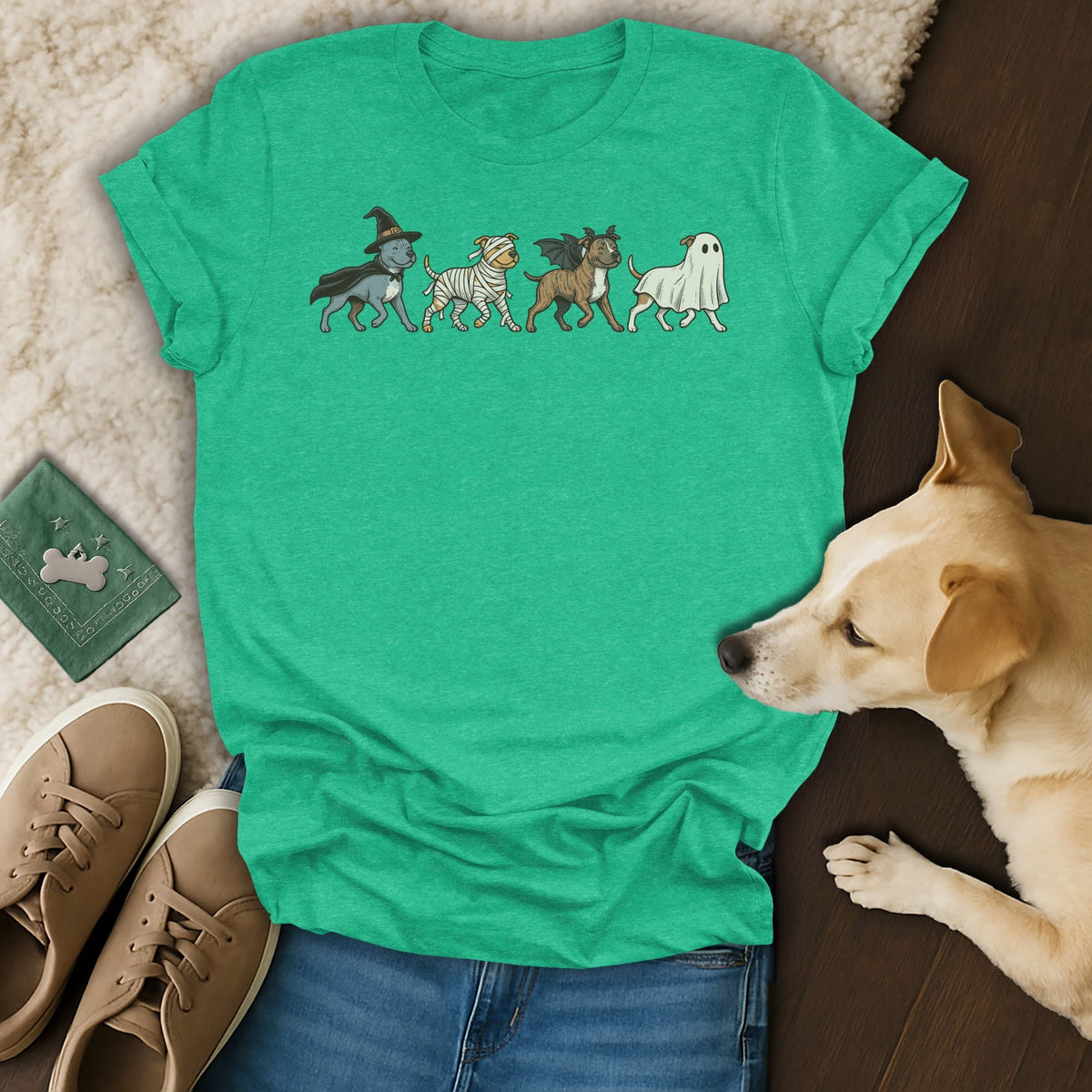 Green t-shirt with four dogs in Halloween costumes: witch, mummy, bat, and ghost.