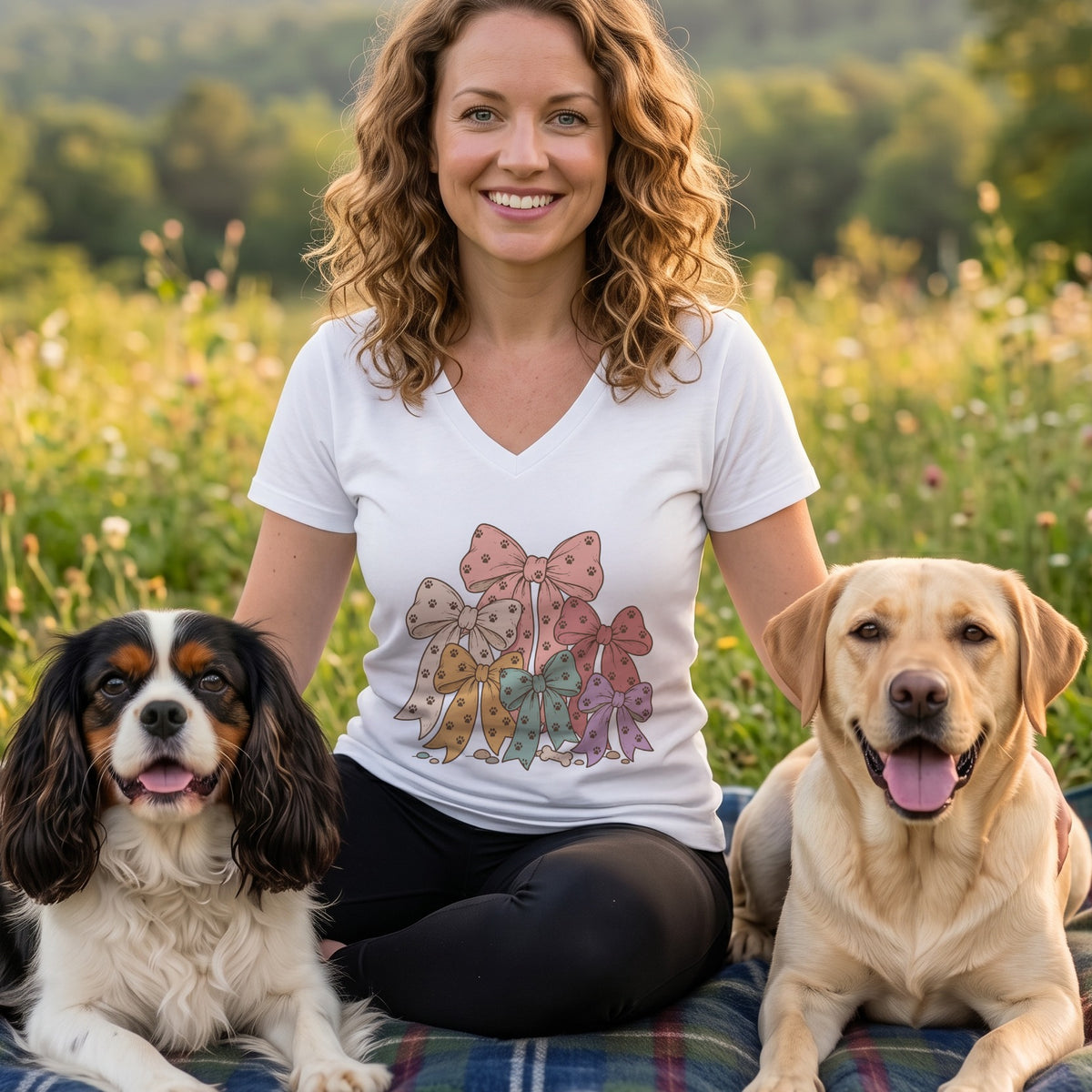 A smiling woman wearing a white V-neck t-shirt with a bow design, sitting outdoors with two dogs.