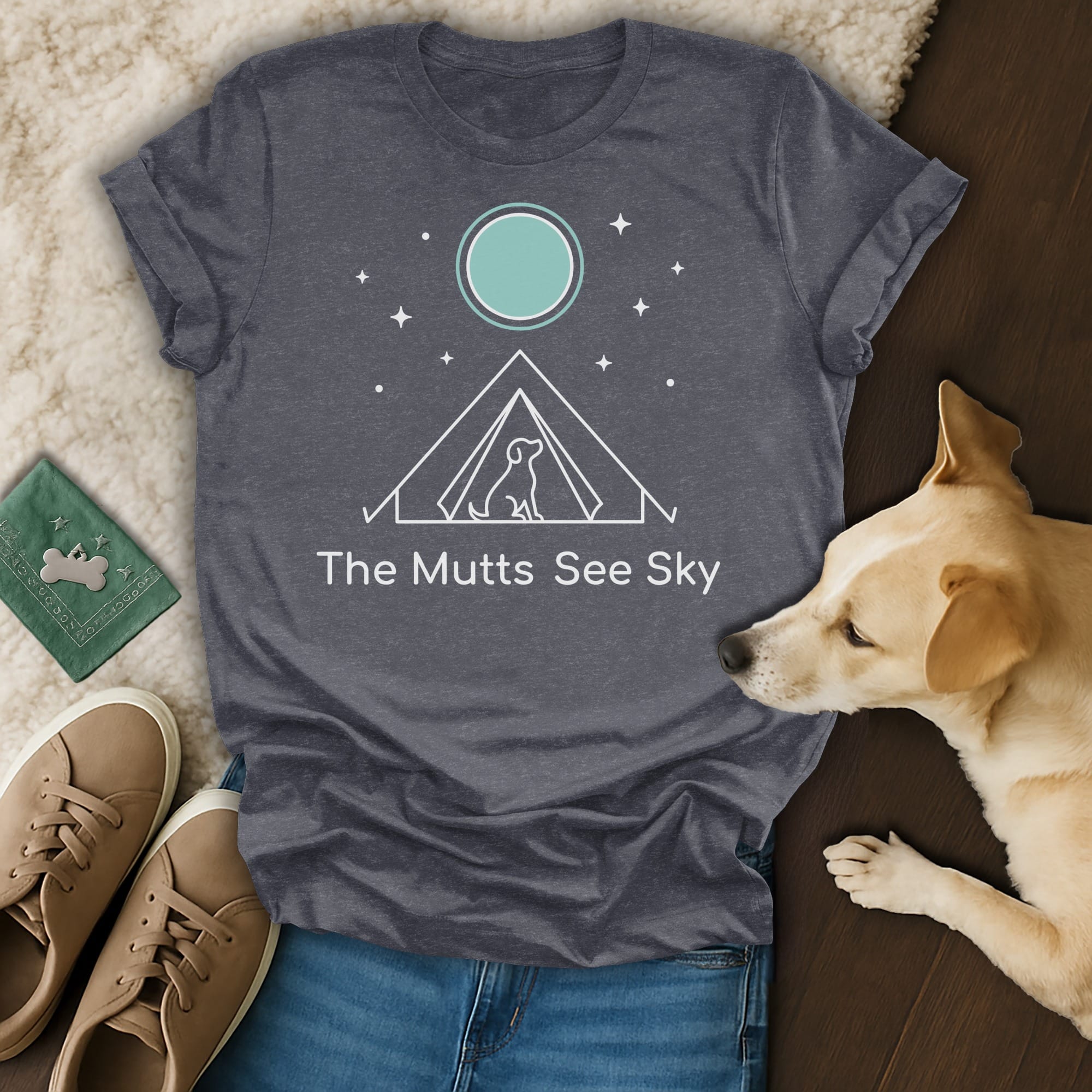 Dark grey t-shirt with "The Mutts See Sky" and a dog inside a tent under stars.