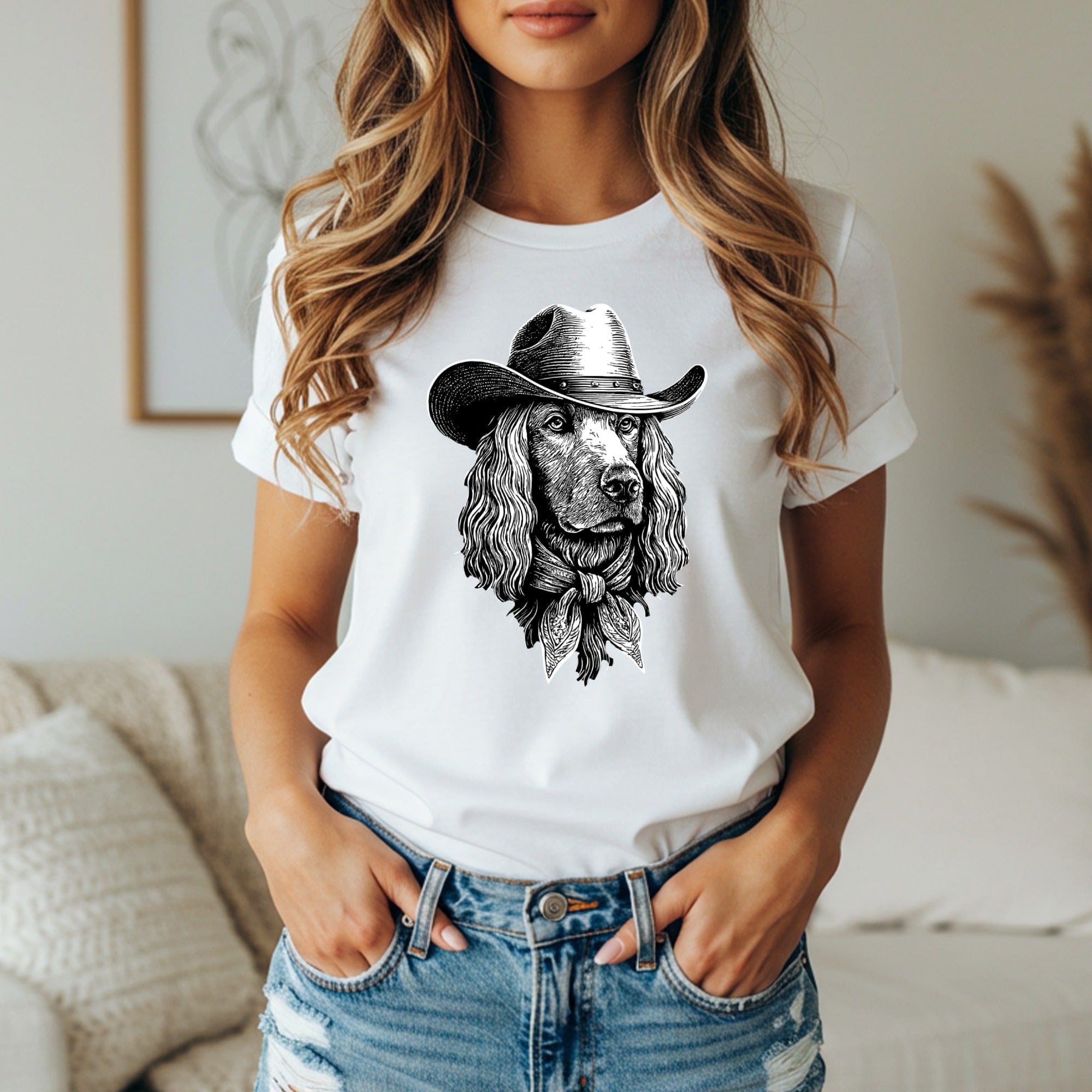 Stylish Cowboy Dog Graphic Print on White T-shirt