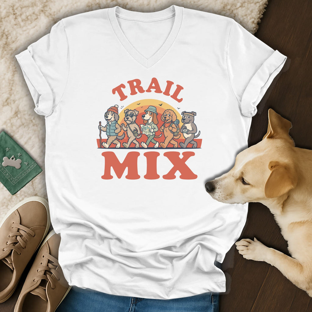 White t-shirt with cartoon dogs hiking and the text "TRAIL MIX".