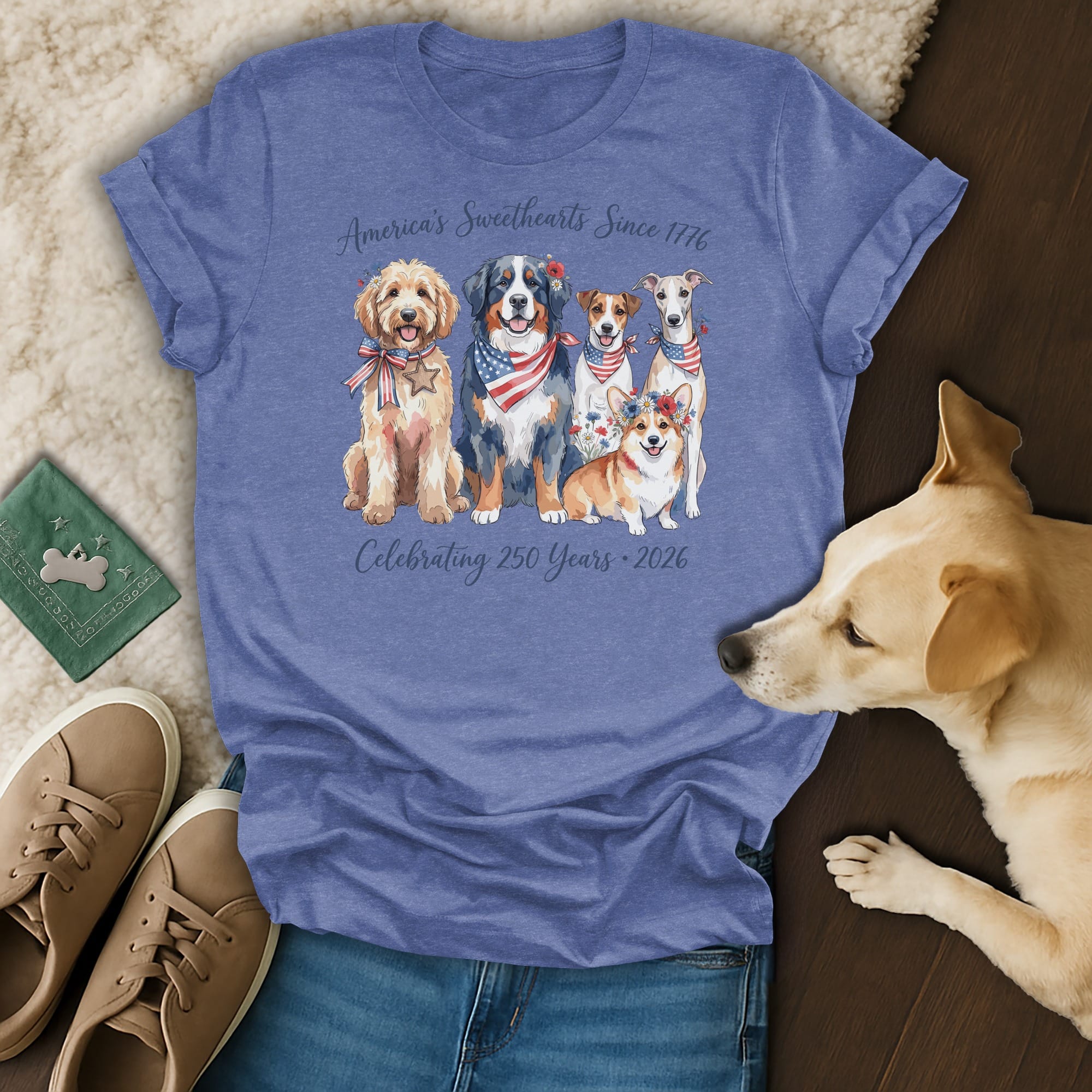 T-shirt with dogs wearing patriotic accessories and celebrating 250 years.