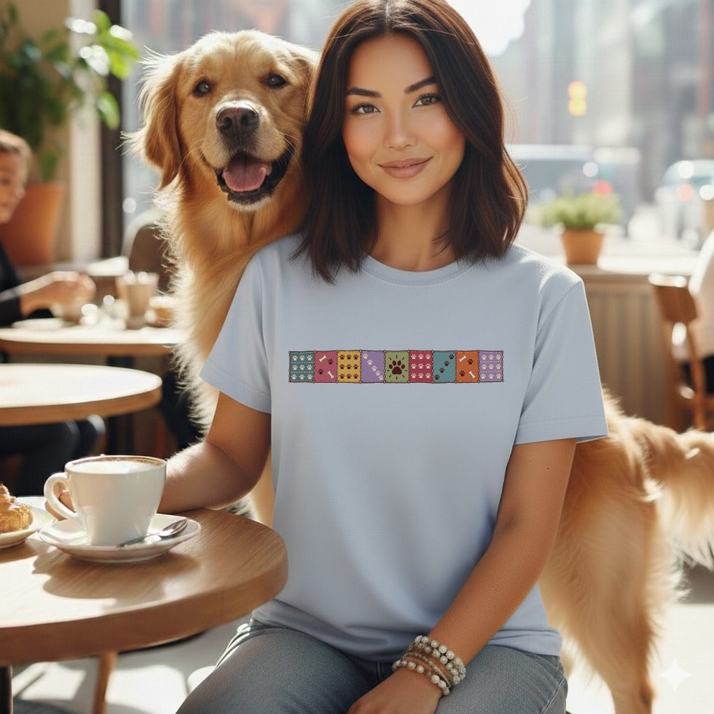 A woman with dark hair wearing a light blue t-shirt sits at a cafe table with a golden retriever beside her.