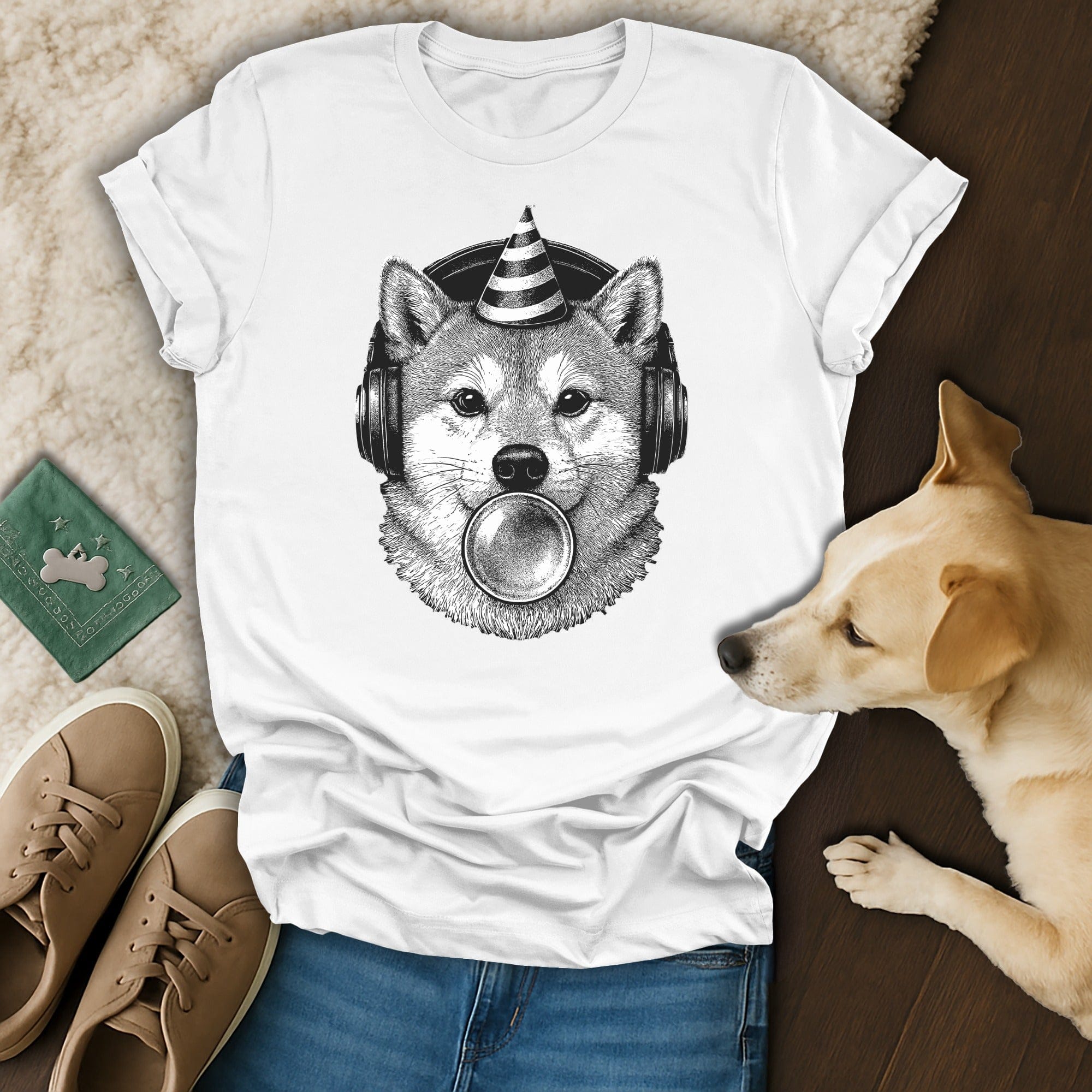 Party Dog with Headphones and Bubble Graphic T-Shirt