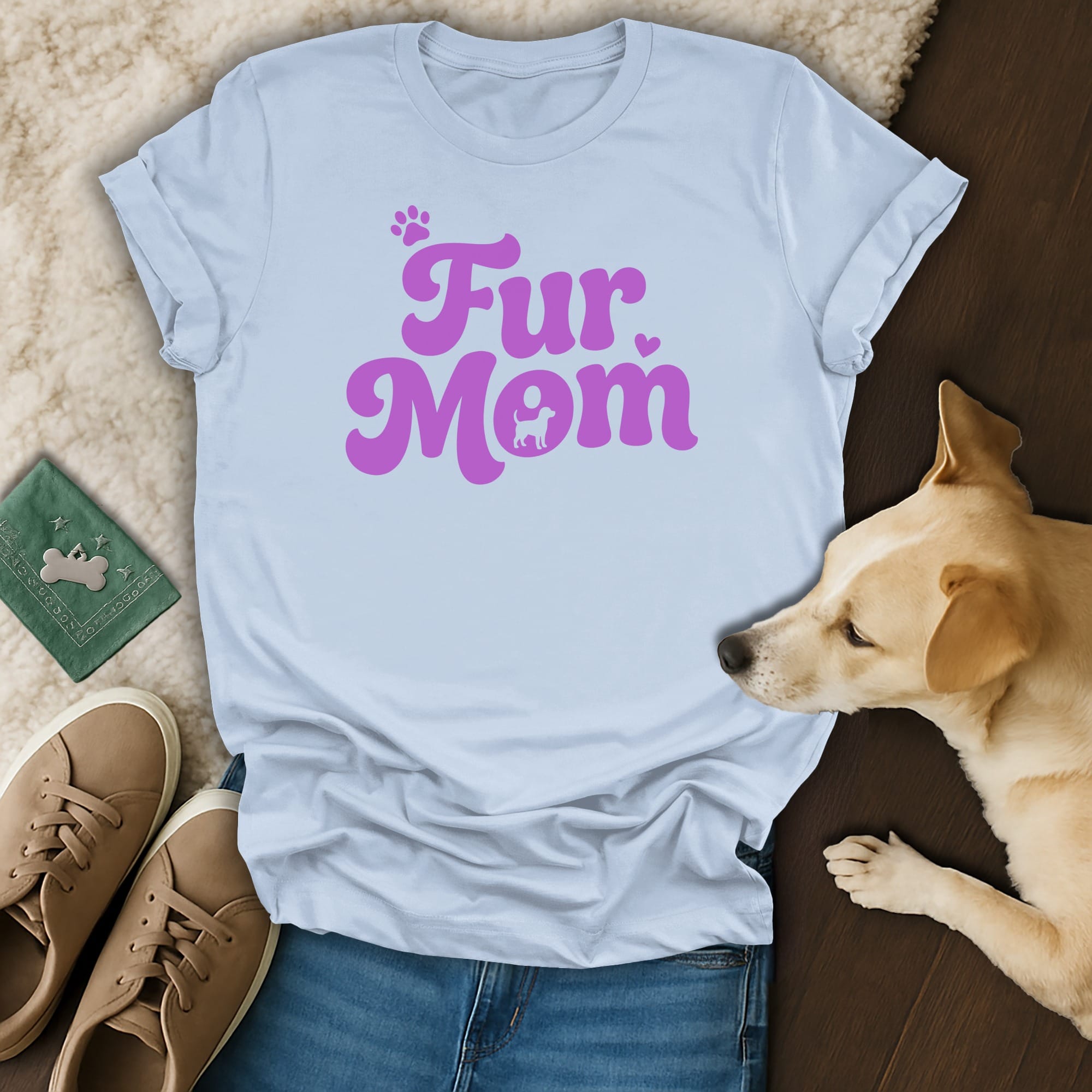 Light blue t-shirt with "Fur Mom" and a dog silhouette graphic.