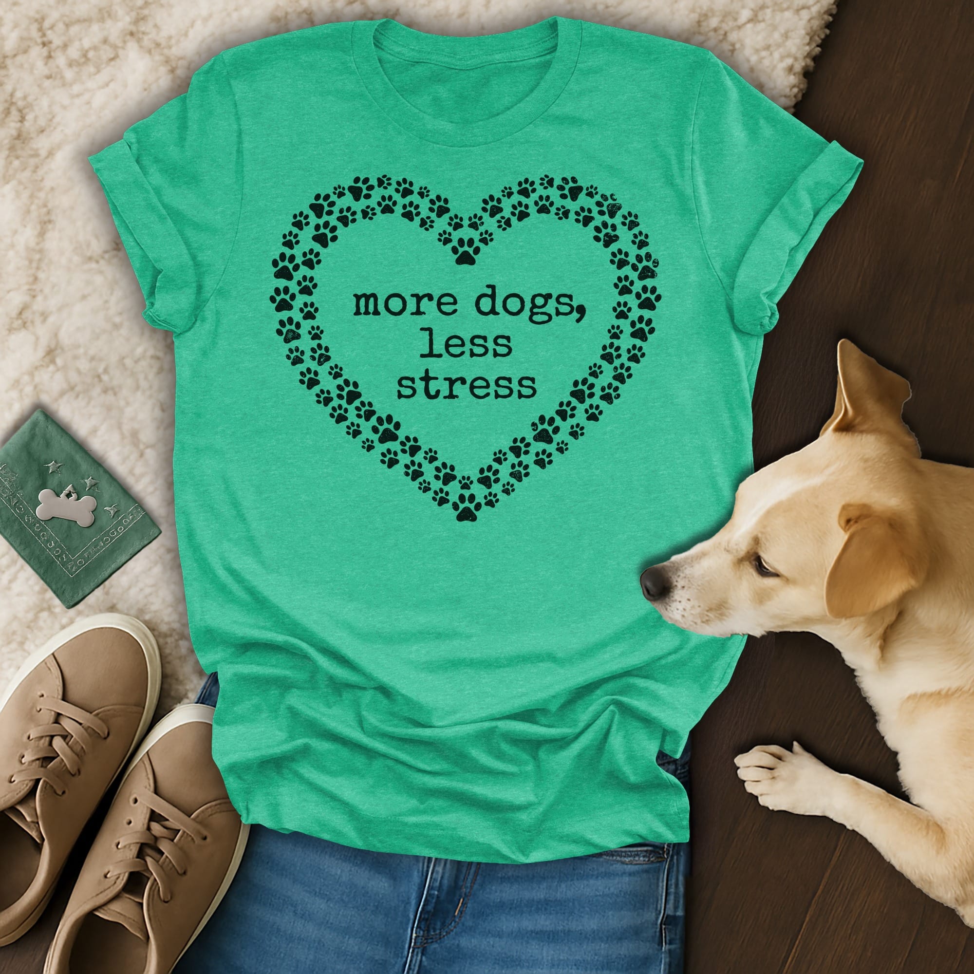 Green t-shirt with "more dogs, less stress" inside a heart of paw prints.