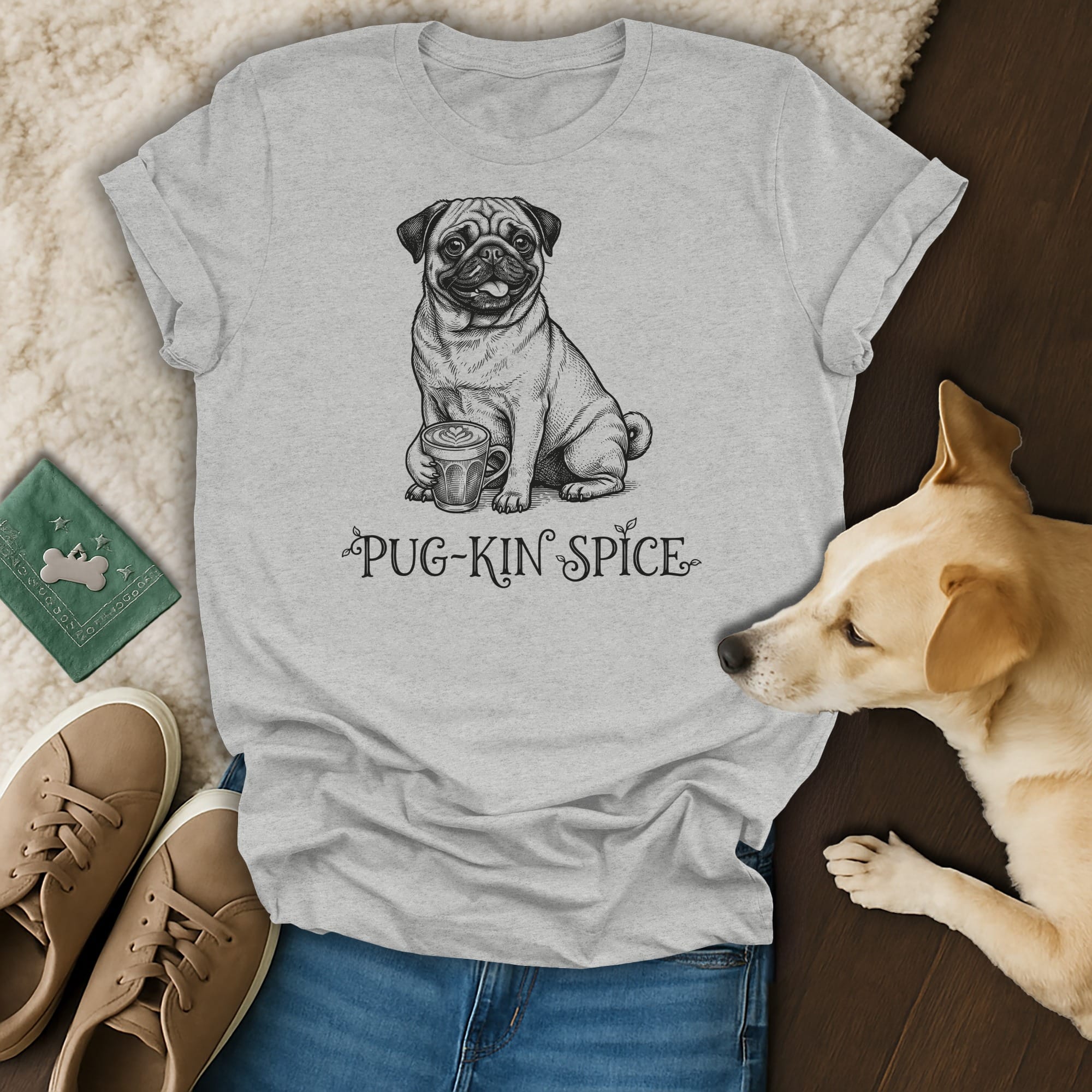 Light gray t-shirt with pug holding a coffee cup and text "Pug-Kin Spice."