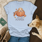 Light blue t-shirt with a beagle in a pumpkin graphic that says "Hello Pumpkin".