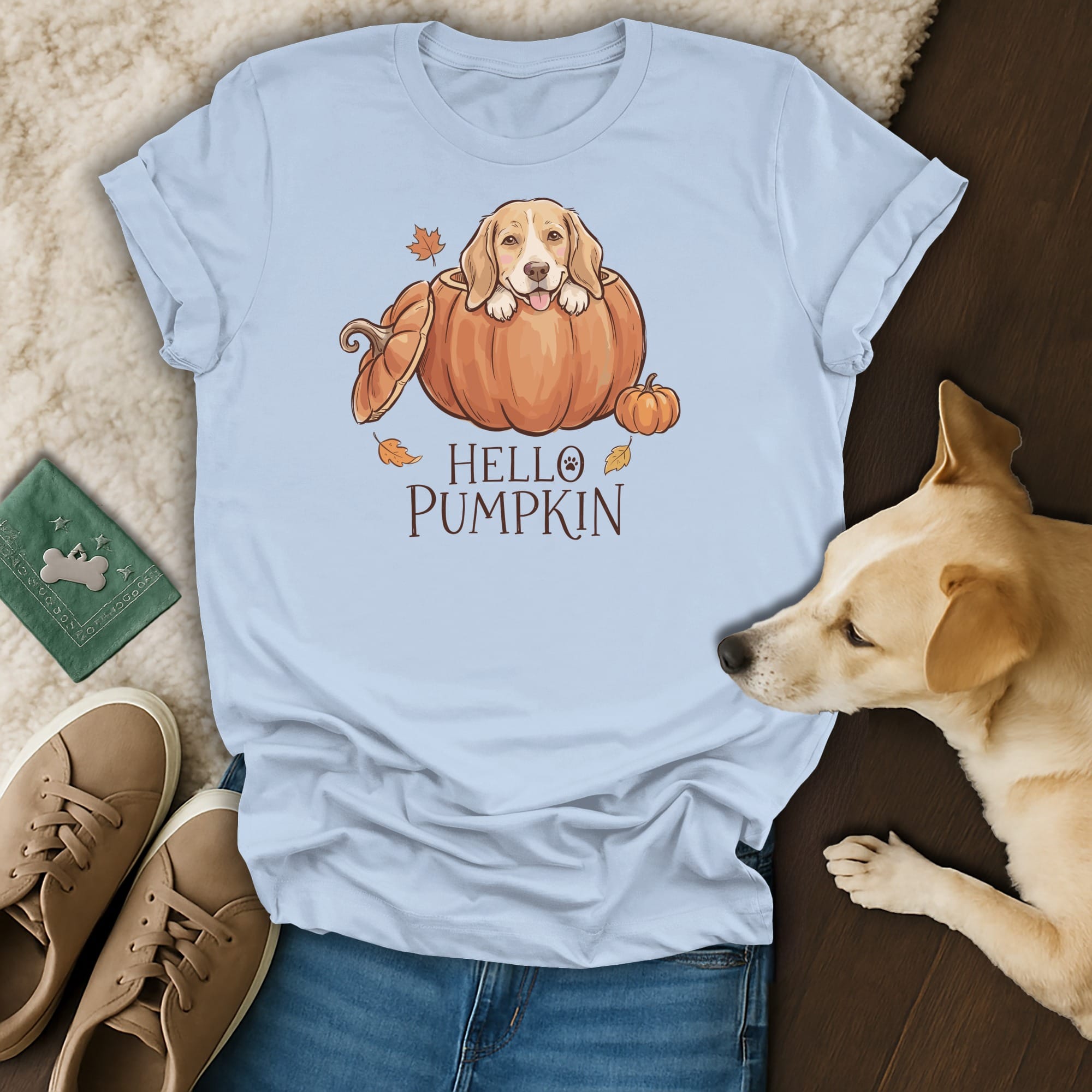 Light blue t-shirt with a beagle in a pumpkin graphic that says "Hello Pumpkin".