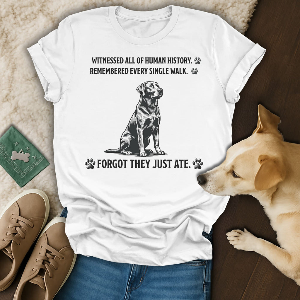 White t-shirt with black dog graphic and text about dogs' memories.