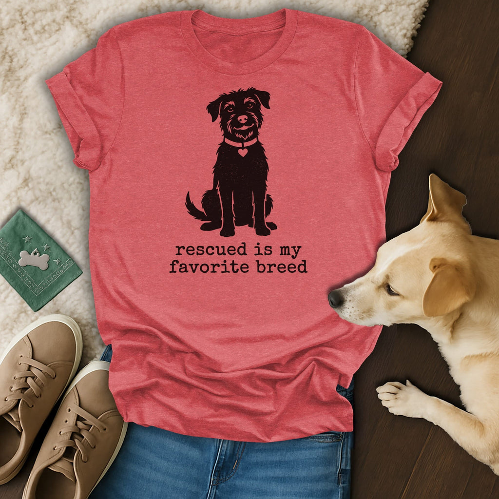 Red t-shirt with "RESCUED IS MY FAVORITE BREED" and dog graphic.